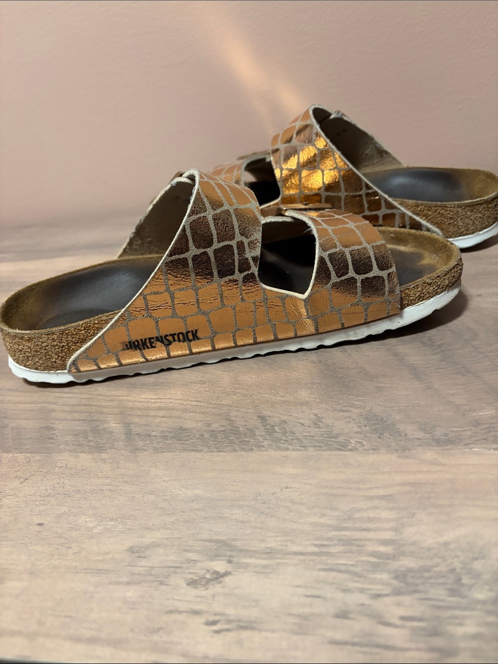 Birkenstock Metallic Bronze Croc-Embossed Double Buckle Sandals - Picture 6 of 8